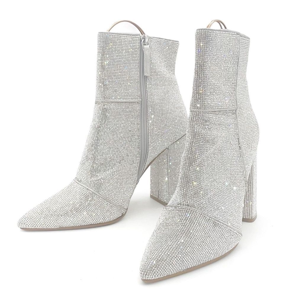 Steve Madden Noticed Rhinestone Boots Pointed Toe Block Heel Bling Boot Size 9.5